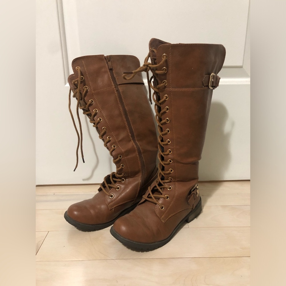 Brown Lace-Up Knee-High Boots